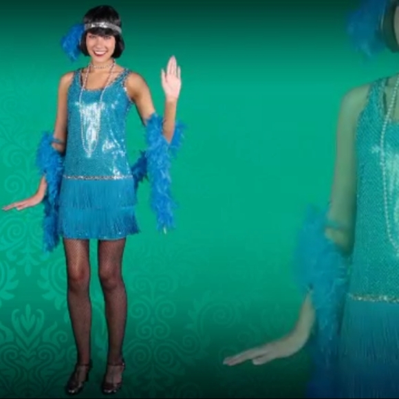6pc Turquoise Sexy 1920's Flapper Fringe & Sequins Costume (Girls M) - Picture 10 of 10